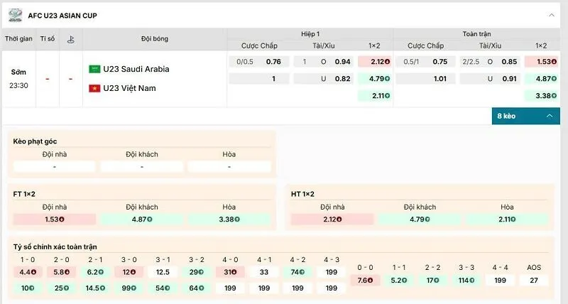 Các kèo hấp dẫn nên tham gia của trận U23 Ả Rập Xê Út vs U23 Việt Nam